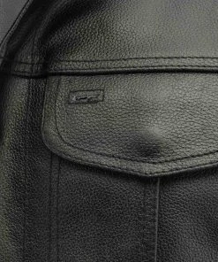 Genuine Leather Men’s XS122 Black Collarless SOA Style Dual Snap And Zip Front Leather Motorcycle Vest