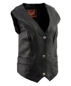 Motorcycle Vests Milwaukee Leather XS1253 Women's Classic Black Leather Vest With Buffalo Nickel Snap Buttons
