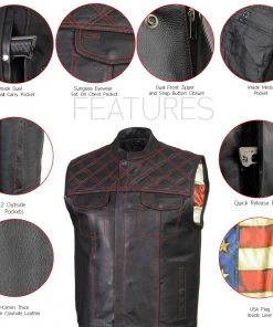 Xelement ‘Gold Series’ XS13002 Men's'Stars And Stripes’ Black Leather MC Vest With USA Flag Liner