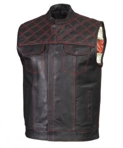 Xelement ‘Gold Series’ XS13002 Men's'Stars And Stripes’ Black Leather MC Vest With USA Flag Liner