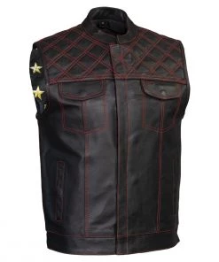 Xelement ‘Gold Series’ XS13002 Men's'Stars And Stripes’ Black Leather MC Vest With USA Flag Liner