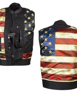 Xelement ‘Gold Series’ XS13002 Men's 'Stars And Stripes’ Black Leather MC Vest With USA Flag Liner