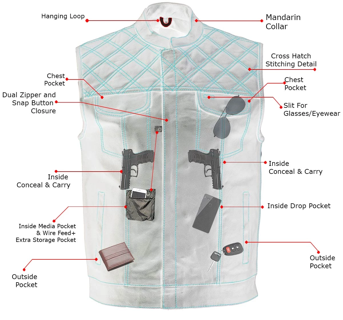 Xelement ‘Gold Series’ XS13002 Men's 'Stars And Stripes’ Black Leather MC Vest With USA Flag Liner