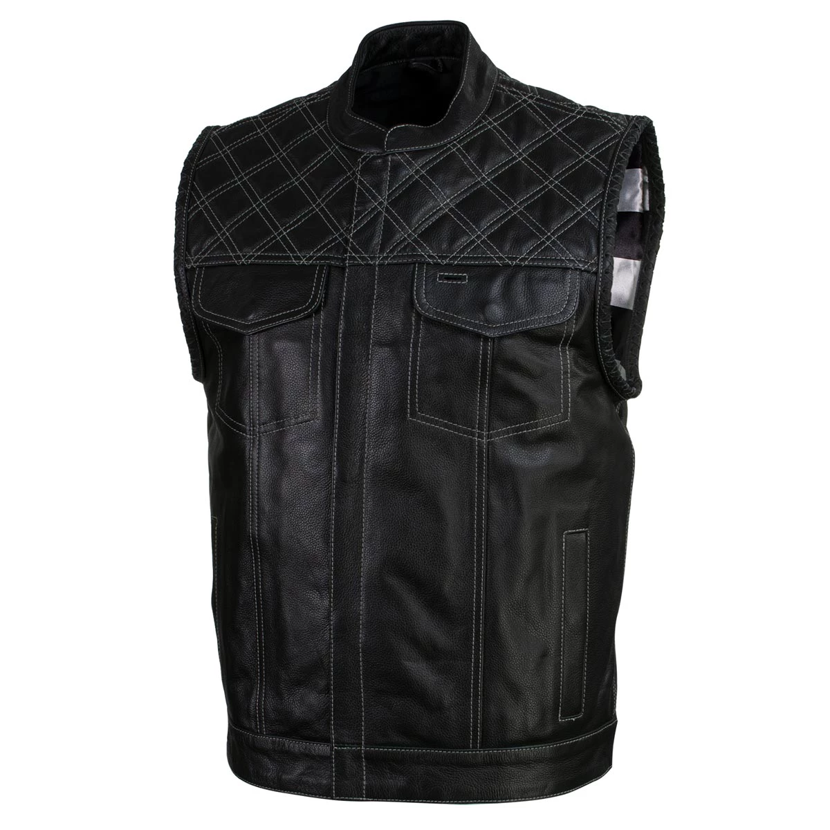 Motorcycle Vests Xelement XS13003 Men's 'Stars And Stripes’ Black Leather MC Vest With USA Flag Liner