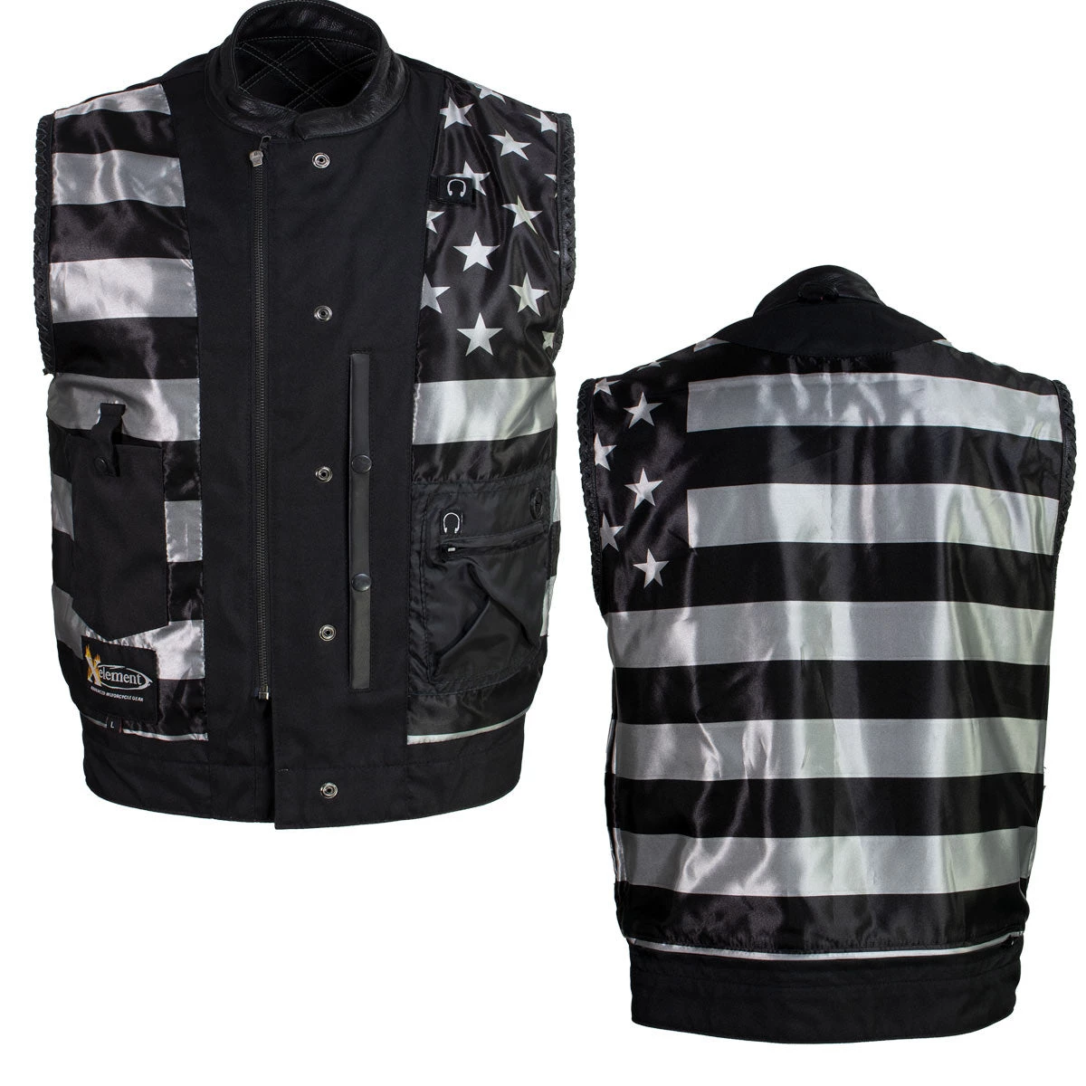 Motorcycle Vests Xelement XS13003 Men's 'Stars And Stripes’ Black Leather MC Vest With USA Flag Liner