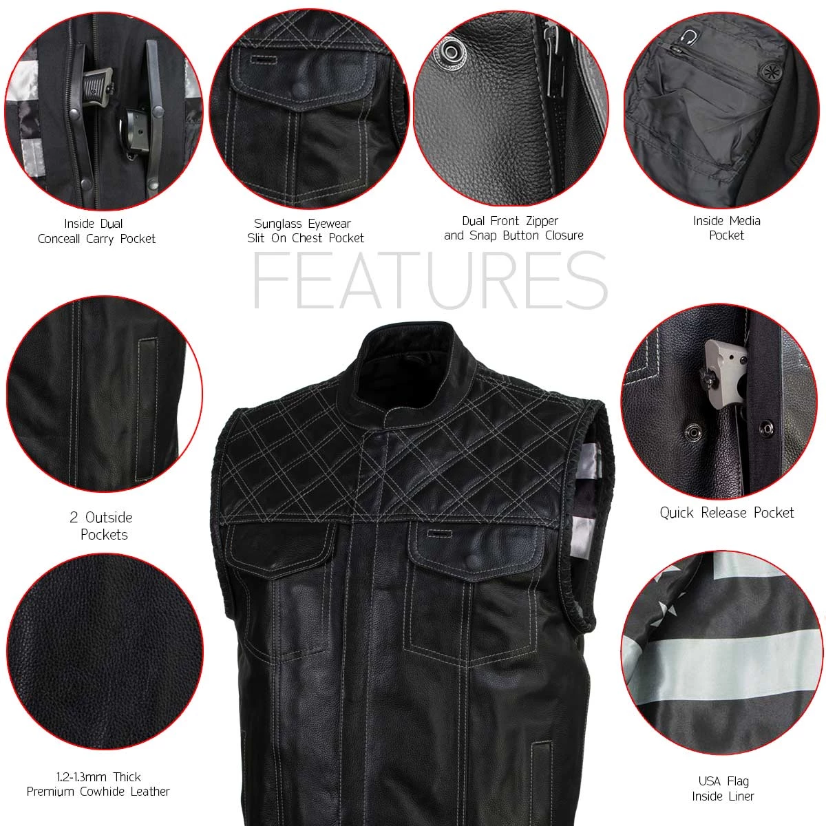 Motorcycle Vests Xelement XS13003 Men's 'Stars And Stripes’ Black Leather MC Vest With USA Flag Liner