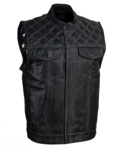 Motorcycle Vests Xelement XS13003 Men's 'Stars And Stripes’ Black Leather MC Vest With USA Flag Liner