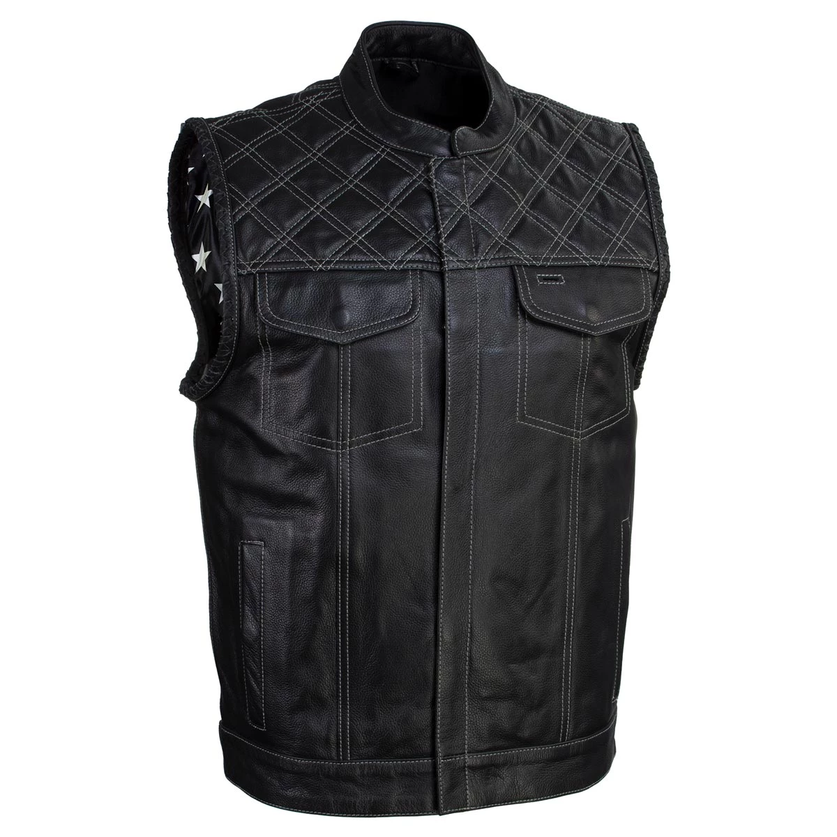 Motorcycle Vests Xelement XS13003 Men's 'Stars And Stripes’ Black Leather MC Vest With USA Flag Liner