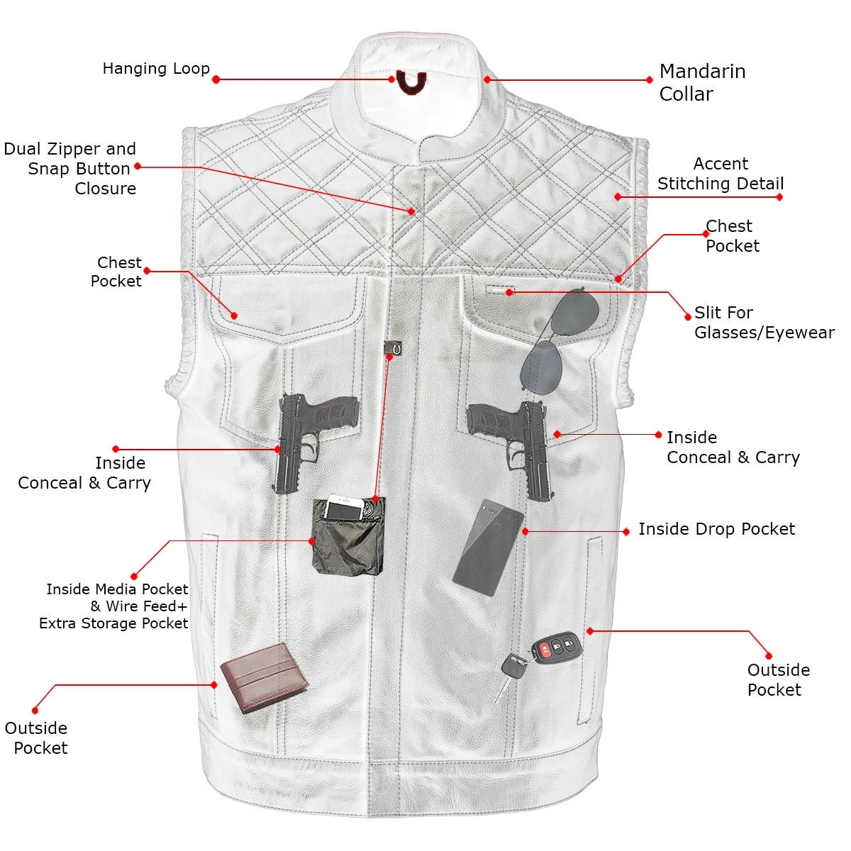 Motorcycle Vests Xelement XS13003 Men's 'Stars And Stripes’ Black Leather MC Vest With USA Flag Liner