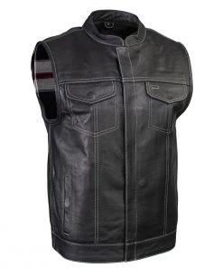 Xelement ‘Gold Series’ XS13004 Men's'Dagger’ Black Leather MC Vest With Flannel Liner