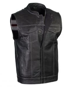 Xelement ‘Gold Series’ XS13004 Men's 'Dagger’ Black Leather MC Vest With Flannel Liner