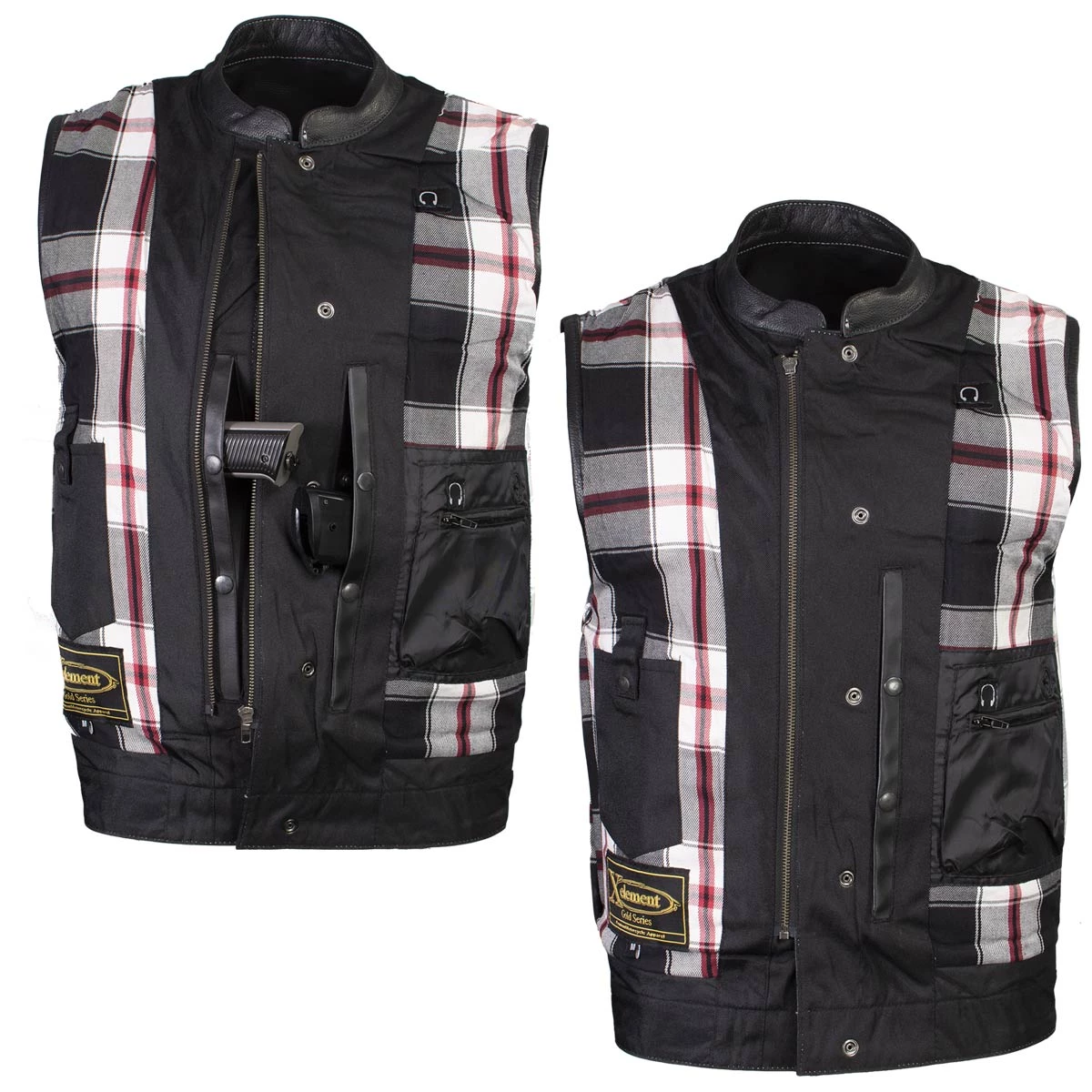 Xelement ‘Gold Series’ XS13004 Men's 'Dagger’ Black Leather MC Vest With Flannel Liner