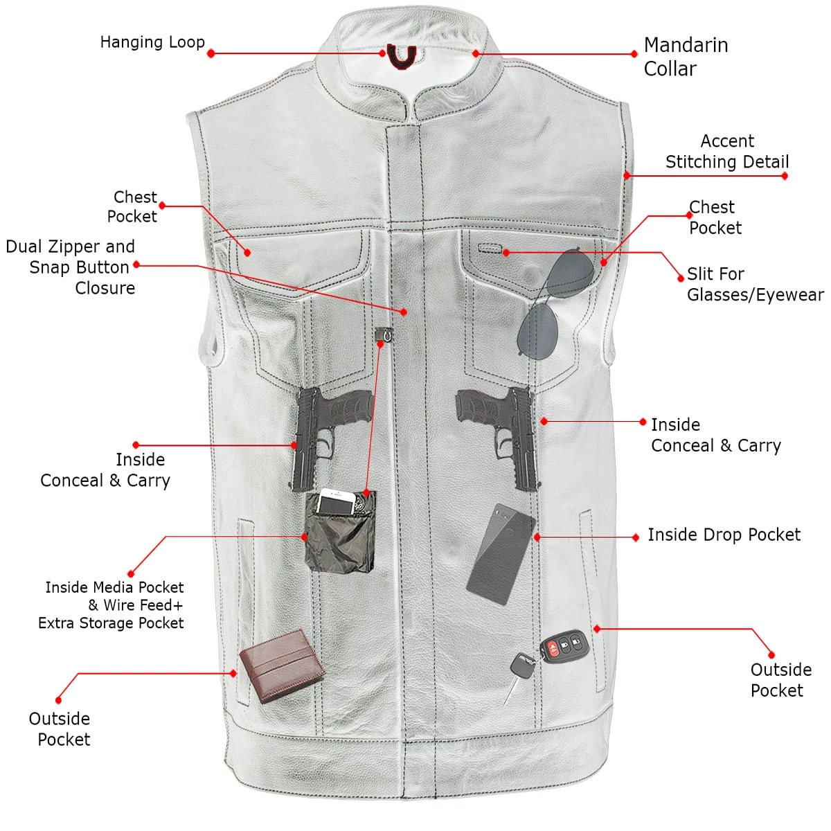 Xelement ‘Gold Series’ XS13004 Men's 'Dagger’ Black Leather MC Vest With Flannel Liner