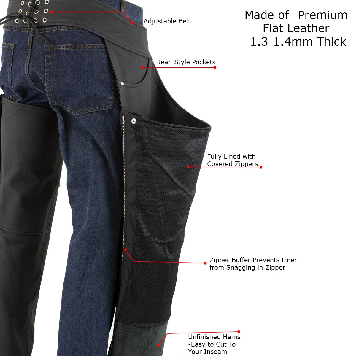 Xelement XS15000 Men's 'Tedious' Flat Black Leather Black Chaps With Jean Pockets Motorcycle Pants & Chaps