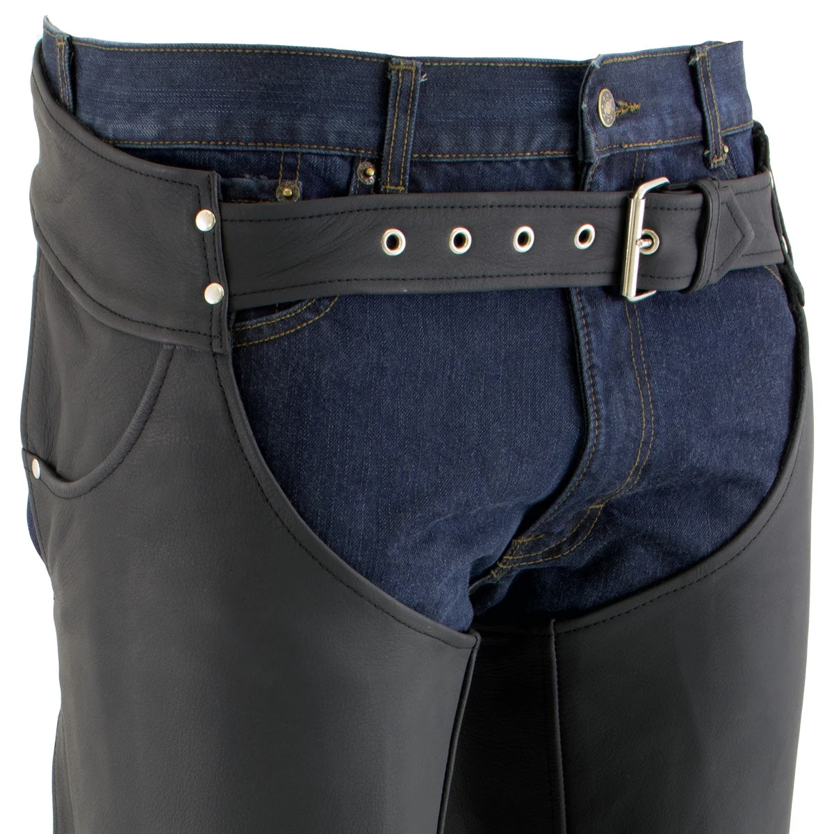 Xelement XS15000 Men's 'Tedious' Flat Black Leather Black Chaps With Jean Pockets Motorcycle Pants & Chaps