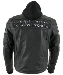 Leather Motorcycle Jackets Xelement XS1504 Men's ‘Futile’ Black Leather Hooded Jacket With Reflective Skulls