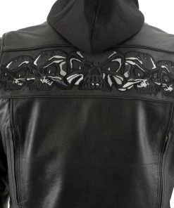 Leather Motorcycle Jackets Xelement XS1504 Men's ‘Futile’ Black Leather Hooded Jacket With Reflective Skulls