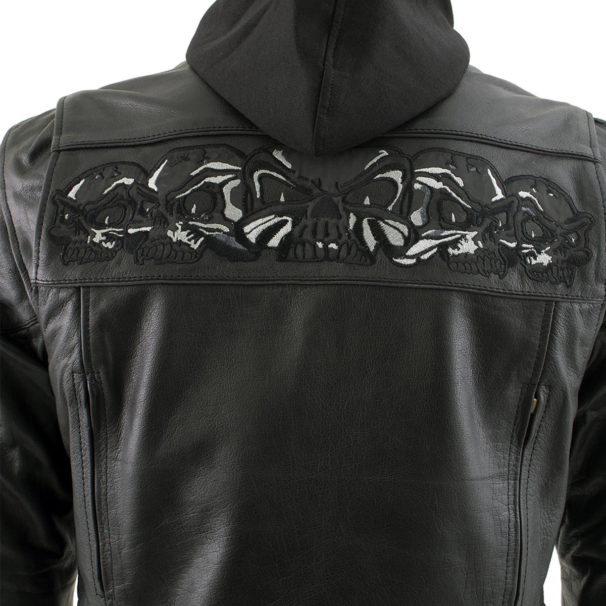 Leather Motorcycle Jackets Xelement XS1504 Men's ‘Futile’ Black Leather Hooded Jacket With Reflective Skulls
