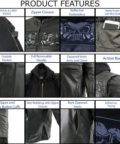 Leather Motorcycle Jackets Xelement XS1504 Men's ‘Futile’ Black Leather Hooded Jacket With Reflective Skulls