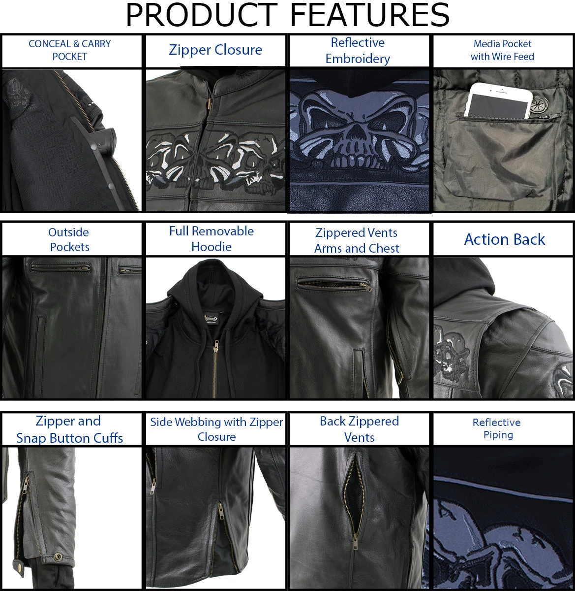 Leather Motorcycle Jackets Xelement XS1504 Men's ‘Futile’ Black Leather Hooded Jacket With Reflective Skulls