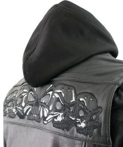 Leather Motorcycle Jackets Xelement XS1504 Men's ‘Futile’ Black Leather Hooded Jacket With Reflective Skulls