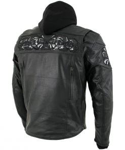 Leather Motorcycle Jackets Xelement XS1504 Men's ‘Futile’ Black Leather Hooded Jacket With Reflective Skulls