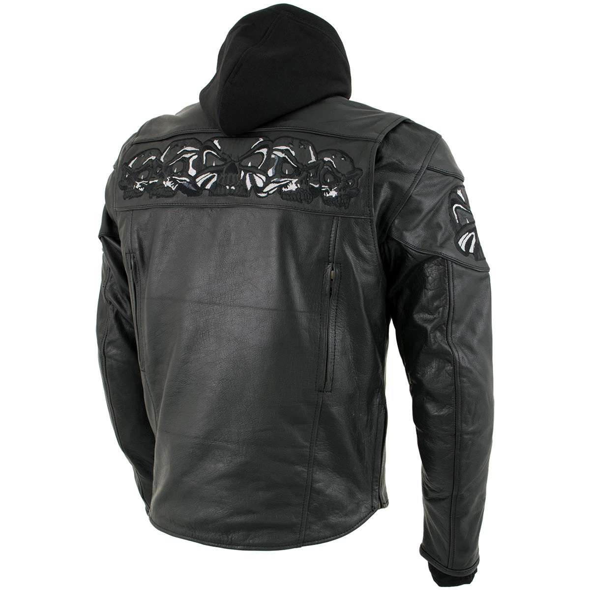 Leather Motorcycle Jackets Xelement XS1504 Men's ‘Futile’ Black Leather Hooded Jacket With Reflective Skulls