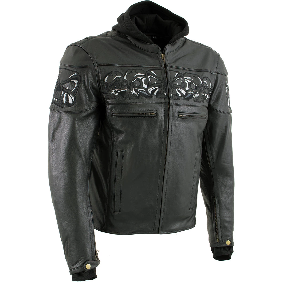 Leather Motorcycle Jackets Xelement XS1504 Men's ‘Futile’ Black Leather Hooded Jacket With Reflective Skulls