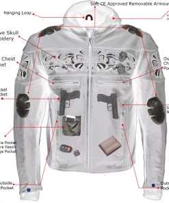 Leather Motorcycle Jackets Xelement XS1504 Men's ‘Futile’ Black Leather Hooded Jacket With Reflective Skulls