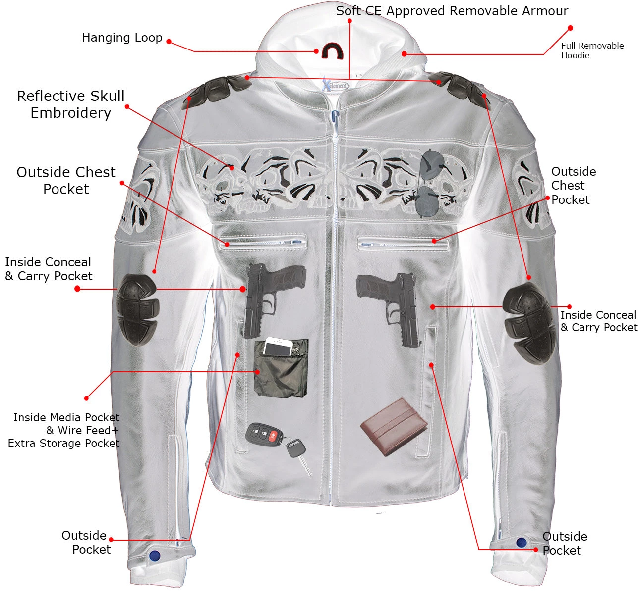 Leather Motorcycle Jackets Xelement XS1504 Men's ‘Futile’ Black Leather Hooded Jacket With Reflective Skulls