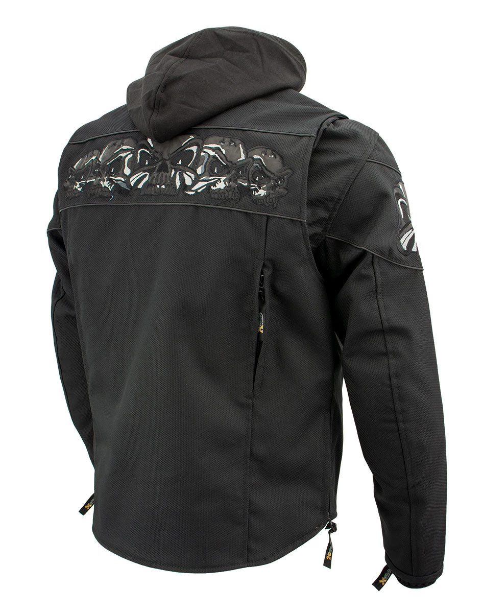 Xelement XS1704 Men’s 'Vengeance' Black Armored Mesh Motorcycle Jacket With Skull Embroidery