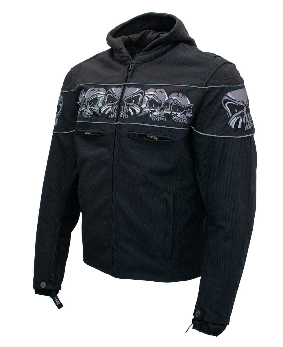 Xelement XS1704 Men’s 'Vengeance' Black Armored Mesh Motorcycle Jacket With Skull Embroidery