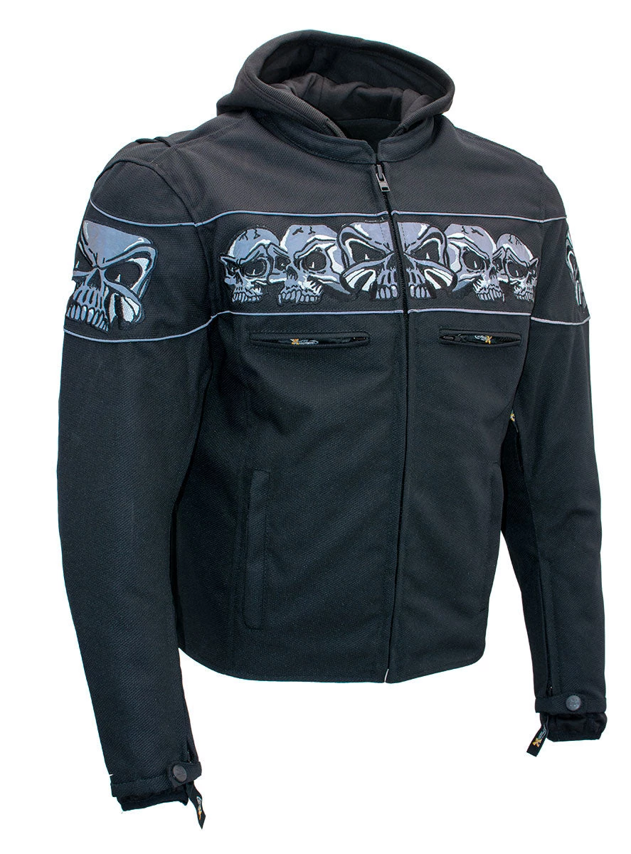 Xelement XS1704 Men’s 'Vengeance' Black Armored Mesh Motorcycle Jacket With Skull Embroidery