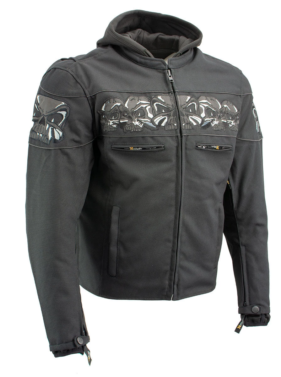 Xelement XS1704 Men’s 'Vengeance' Black Armored Mesh Motorcycle Jacket With Skull Embroidery