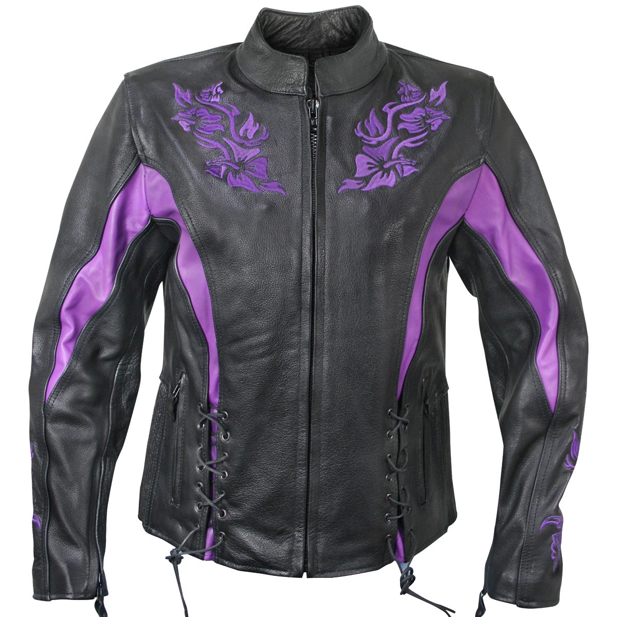 Xelement XS2027 Women's 'Gemma' Black And Purple Leather Embroidered Jacket With X-Armor Protection Leather Motorcycle Jackets