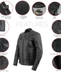 Xelement XS2030 Women's 'Gemma' Solid Black Leather Embroidered Jacket With X-Armor Protection