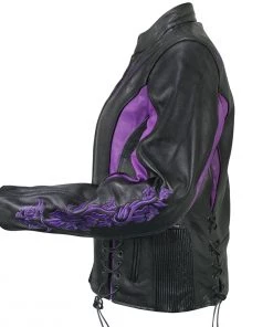 Xelement XS2027 Women's'Gemma' Black And Purple Leather Embroidered Jacket With X-Armor Protection Leather Motorcycle Jackets