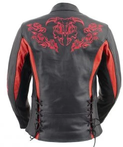 Leather Motorcycle Jackets Xelement XS2029 Women's'Gemma' Black And Red Leather Embroidered Jacket With X-Armor