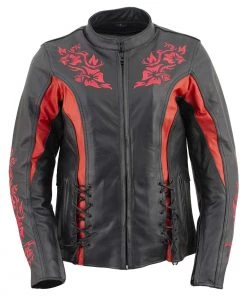 Leather Motorcycle Jackets Xelement XS2029 Women's 'Gemma' Black And Red Leather Embroidered Jacket With X-Armor