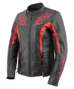 Leather Motorcycle Jackets Xelement XS2029 Women's'Gemma' Black And Red Leather Embroidered Jacket With X-Armor