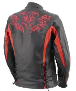 Leather Motorcycle Jackets Xelement XS2029 Women's'Gemma' Black And Red Leather Embroidered Jacket With X-Armor