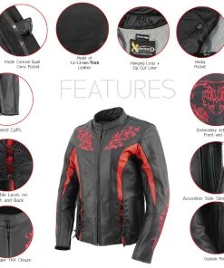 Leather Motorcycle Jackets Xelement XS2029 Women's 'Gemma' Black And Red Leather Embroidered Jacket With X-Armor
