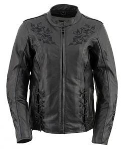 Xelement XS2030 Women's 'Gemma' Solid Black Leather Embroidered Jacket With X-Armor Protection