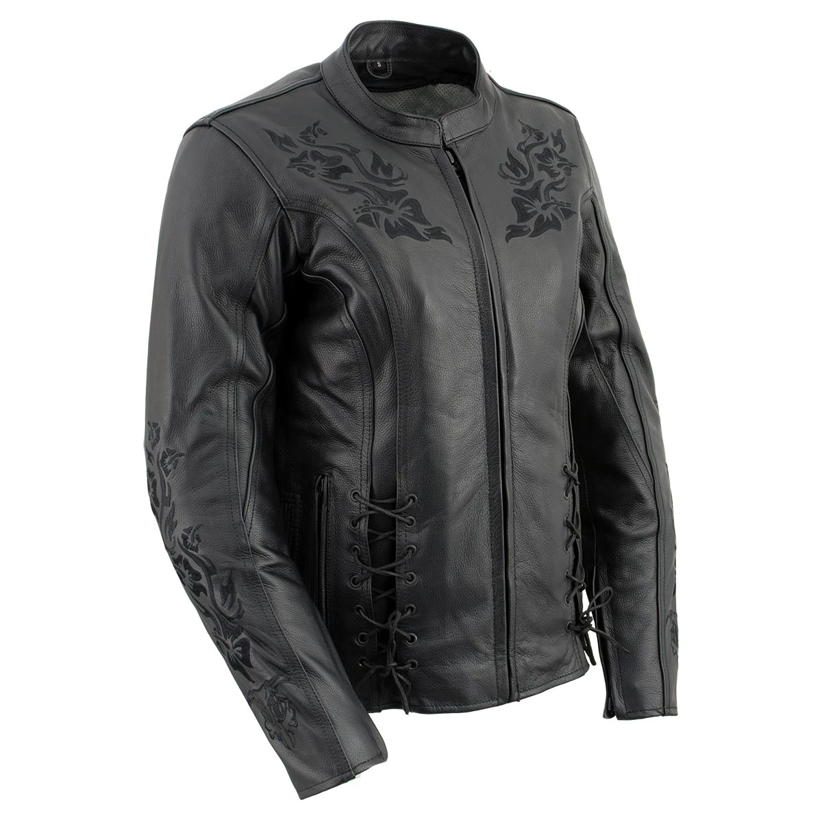 Xelement XS2030 Women's 'Gemma' Solid Black Leather Embroidered Jacket With X-Armor Protection