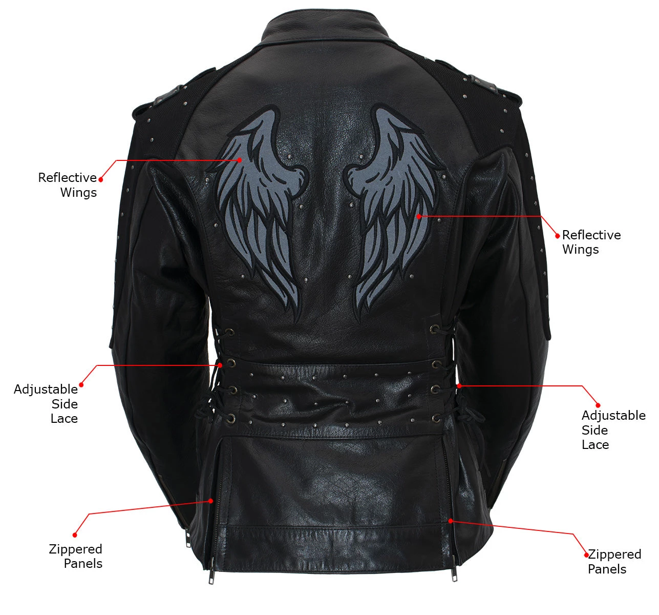Xelement XS22001 Women's 'Scuba' Leather Jacket With Reflective Wings And Studs