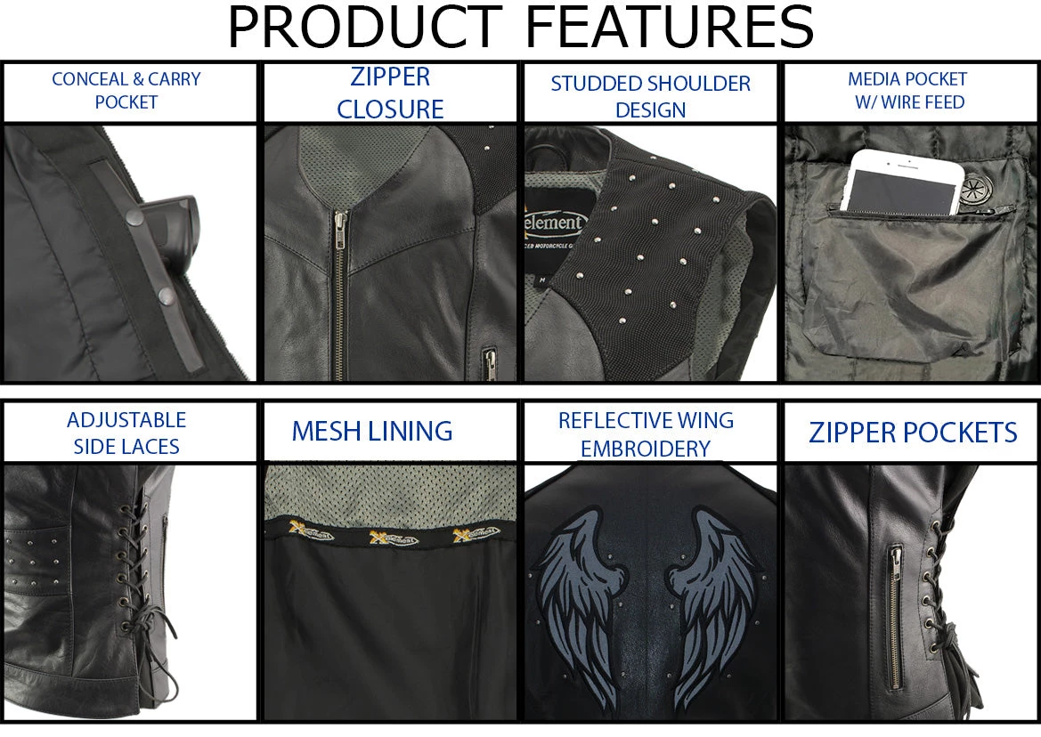 Xelement XS22001 Women's 'Scuba' Leather Jacket With Reflective Wings And Studs