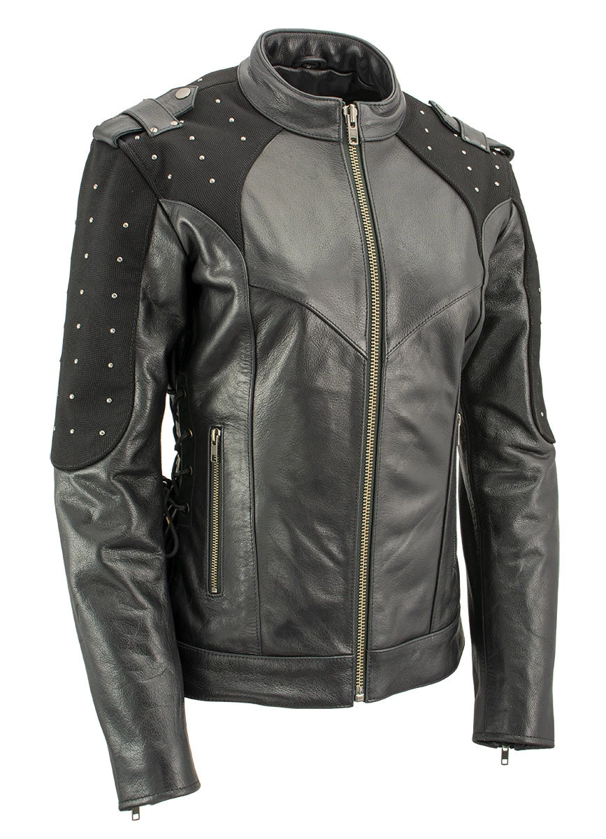 Xelement XS22001 Women's 'Scuba' Leather Jacket With Reflective Wings And Studs
