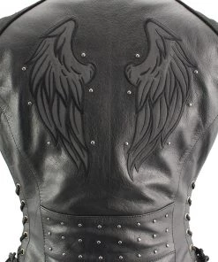 Motorcycle Vests Xelement XS24001 Ladies ‘Winged’ Black Studded Leather Vest With Side Laces And Reflective Wings
