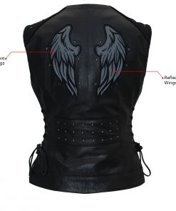 Motorcycle Vests Xelement XS24001 Ladies ‘Winged’ Black Studded Leather Vest With Side Laces And Reflective Wings