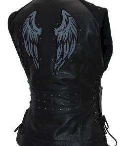 Motorcycle Vests Xelement XS24001 Ladies ‘Winged’ Black Studded Leather Vest With Side Laces And Reflective Wings
